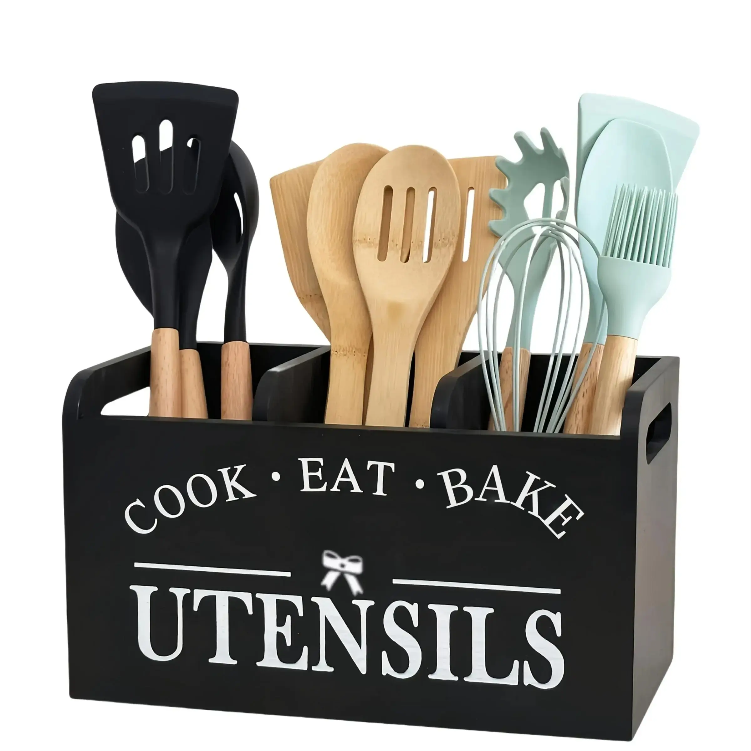 Wooden Kitchen Utensil Holder with 3 Compartments, Utensil Storage Organizer for Kitchen Counter,Utensil Crock for Silverware Spoon Spatula, Farmhouse Decor & Rustic Cooking Tools Storage(White)