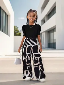 Toddler Girl's Solid Color Top & Geometric Print Pants Two-Piece Set, Casual Fashion Cozy Two Piece Outfits for Daily Outdoor Wear, Baby Girl Clothes, Kids Clothes for Summer