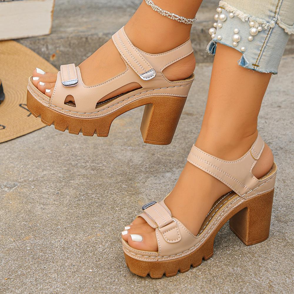 Women's Thick Sole Chunky Heel Sandals, Summer Velcro high-heeled sandals, comfortable lightweight women's shoes, anti slip fashionable platform sandals, suitable for summer travel and daily wear, wedge