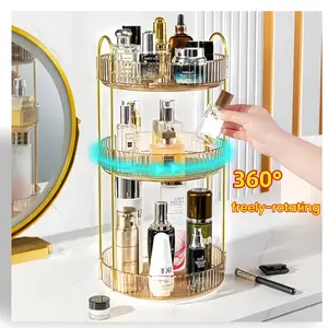 Dresser 360 Swivel Makeup Organizer 3 Tier Golden-Toned Shelves Bathroom Countertop Perfume Cosmetic Storage Rack Vanity Accessory Boxes 360° Rotating Design Maximize Space Stylish Accessory