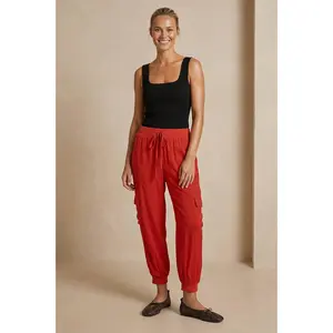 Silky Ribbed Trim Knit Joggers: Red