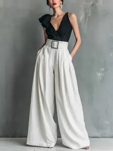 High-Waisted Flowy Pants Bottoms for Office Women, Wide-Leg Palazzo Style with Belt, French Chic Vintage Look, Elegant Fashion Womenswear Lady