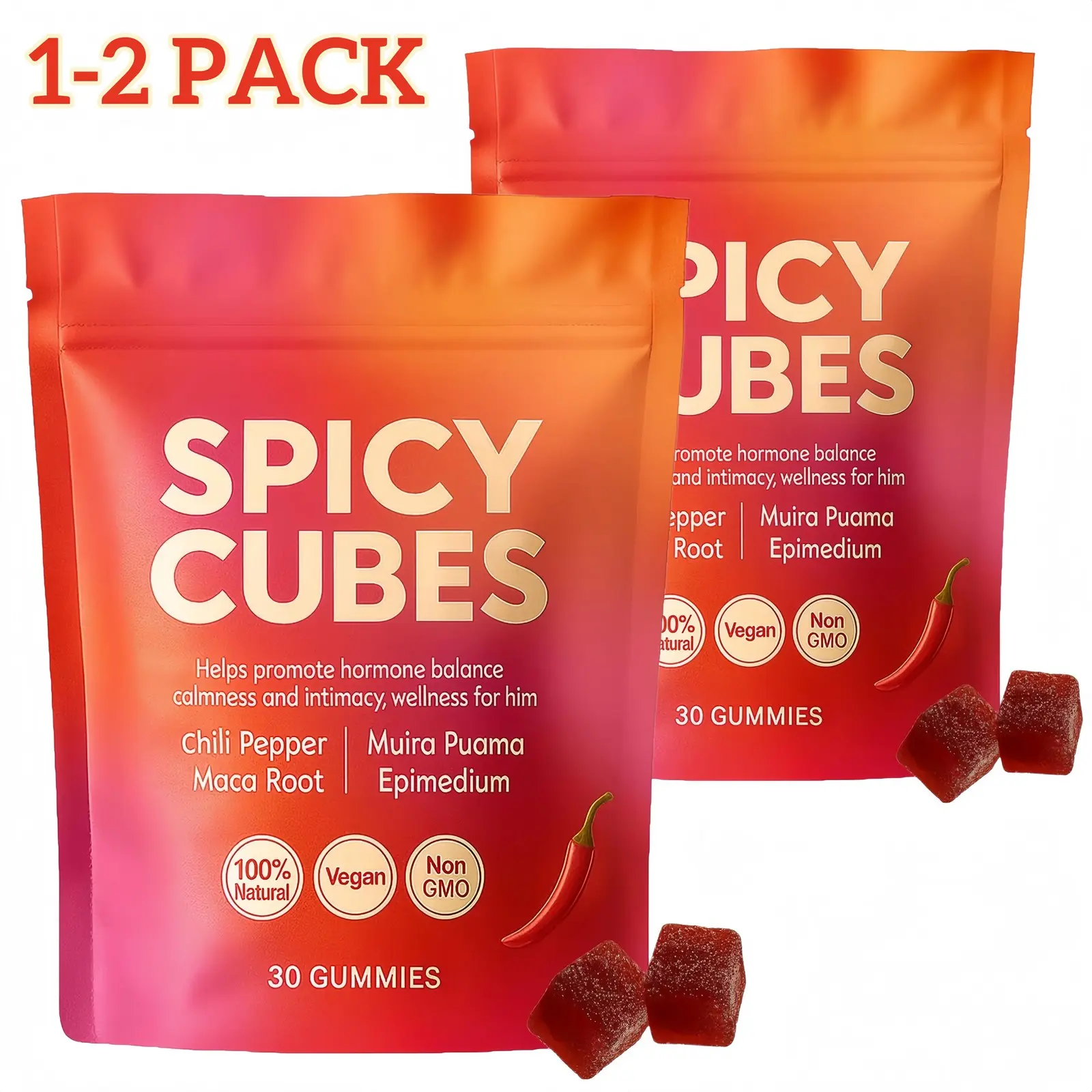 1/2 Bag Peach Spicy Gummies, Hot Peach Flavor Cubes with Green Tea Caffeine, L-Theanine, Maca & Ginger, 30 Gummies
