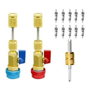 AC Valve Core Remover & Installer Tool Kit: Dual Size SAE 1/4" & 5/16" Port, 20 PCS Teflon-Seal Valve Cores + 10 PCS Brass Nuts – Compatible with R22 R12 R407 R410 R404 R32 R600 A/C Systems