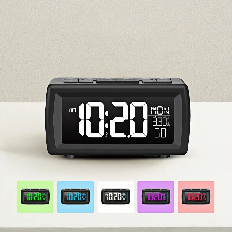 FM Radio Digital Multifunctional Alarm Clock with 7 Light Color Changing Date Week Snooze Table Clock 5 Levels Brightness Adjustment 12/24H DST LED Clock USB Powered Clocks Battery Operated Clock