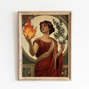 Hestia Greek Goddess of Home and Hearth with Chaste-Tree and Sacred Fire Art Print, Vesta Roman Divine Priestess Wall Art, Pagan Gift, Divine Feminine Artwork