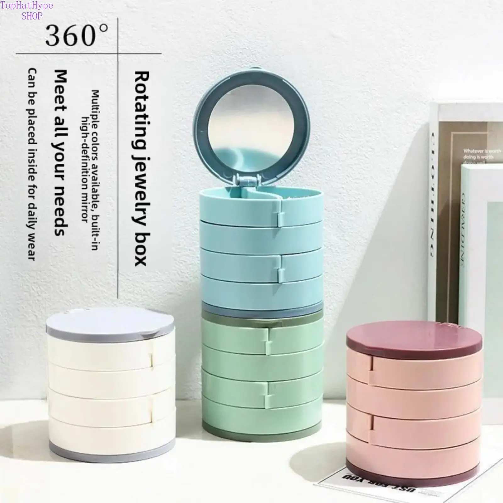 Pink Rotating Jewelry Organizer, Vertical Multi-Layer Tower with Compartments, Dustproof Storage Case for Earrings & Studs, Compartmentalized Organizers