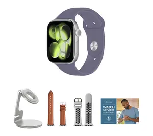Apple Watch Ser ies 11 GPS 46mm M/L with Leath er Band & Charg ing Stand