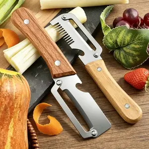 2 Pcs Premium 3-in-1 Kitchen Peeler - Wooden Handle & Ultra-Sharp Stainless Steel Blade, Heavy Duty Peeler for Julienne, Shredder & Bottle Opening, Multi-Functional  Kitchen Tool for Fruit Apple Potato Pumpkin Papaya Zucchini