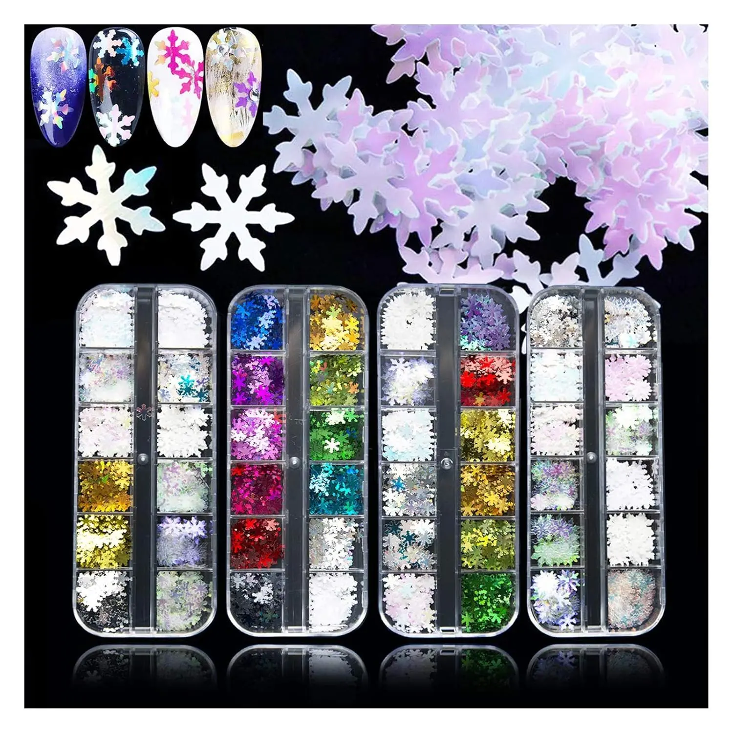 EBANKU 48 Color Holographic Snowflake Nail Sequins, Iridescent Snowflake Flake Nail Glitter Laser Sparkly Craft Glitter, Christmas Gift for Women Girl (4 Box/48 Grids) OtherBrand