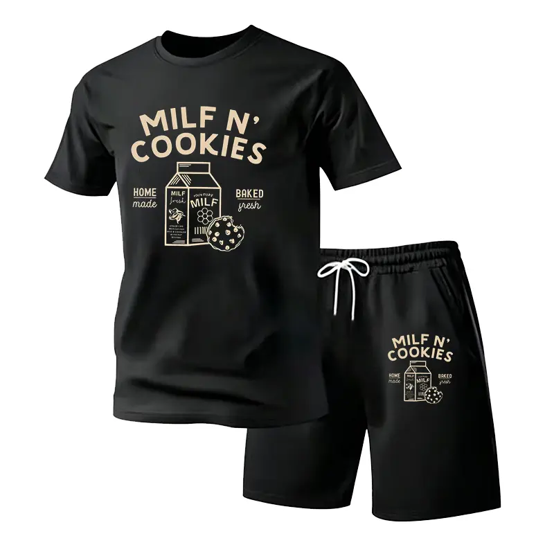 Men's 2-Piece Casual Loungewear Outfits - Funny "Milf N' Cookies" Graphic Tee, Matching Shorts Combo, Soft Comfy, Breathable Fabric, Round Neck, Short-Sleeve, No Ironing, No Styling, No Scratchy Tags