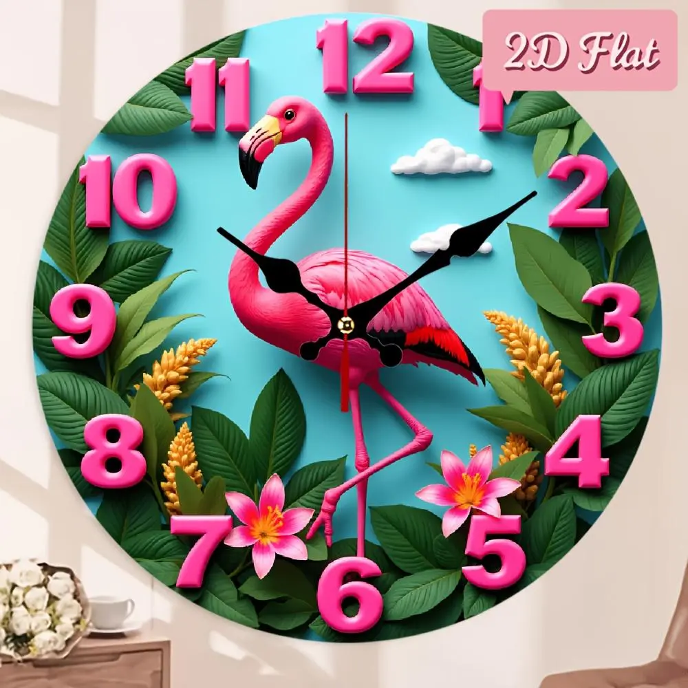 Nursery Wall Clock Pink Flamingo in Tropical Garden with Lilies And Green Leaves for Summer Vibes, Bright And Lively Decor 12 Inch Nursery Decor Wood Art Wall Clock, Silent Movement, Battery-Operated (AA Battery Not Included), 2D Flat, 1pc