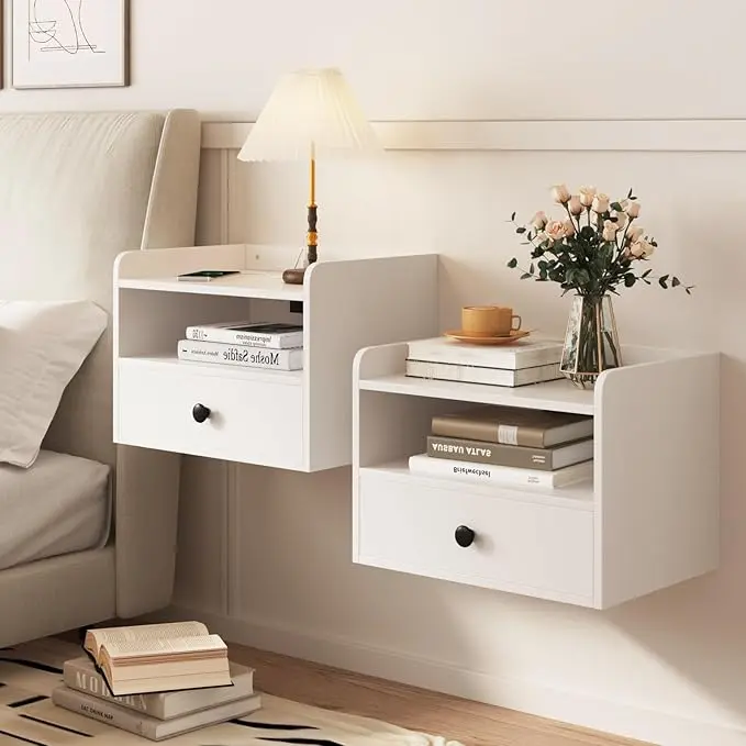 [Summergarden] Vabches Nightstand Sets of 2, Modern Wall-Mounted Floating Bedside End Tables with Drawer, Open Shelf Cubby, Charging Station and Storage for Bedroom