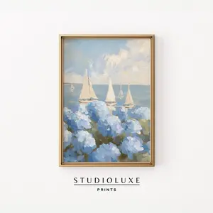 3 Sailboats Painting Coastal Wall Art Coastal Granddaughter Decor Blue Hydrangeas Print