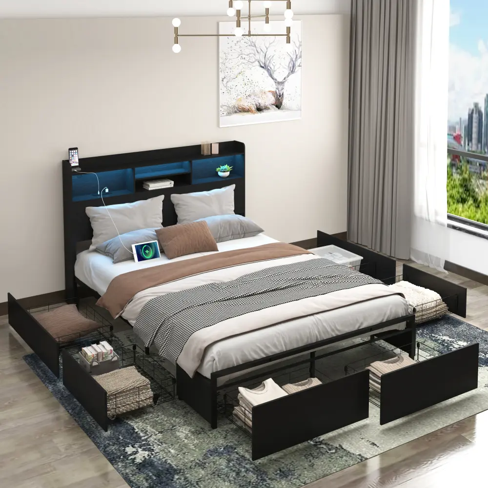 Black Heavy-Duty Metal Full/Queen-Sized Bed Frame - Queen Sized Bed with LED Lights, Fast Charging Station, 10 Drawers, Headboard Shelf, No Noise Operation, No Spring Mattress Required, Ideal for Dorms, Guest Bedrooms