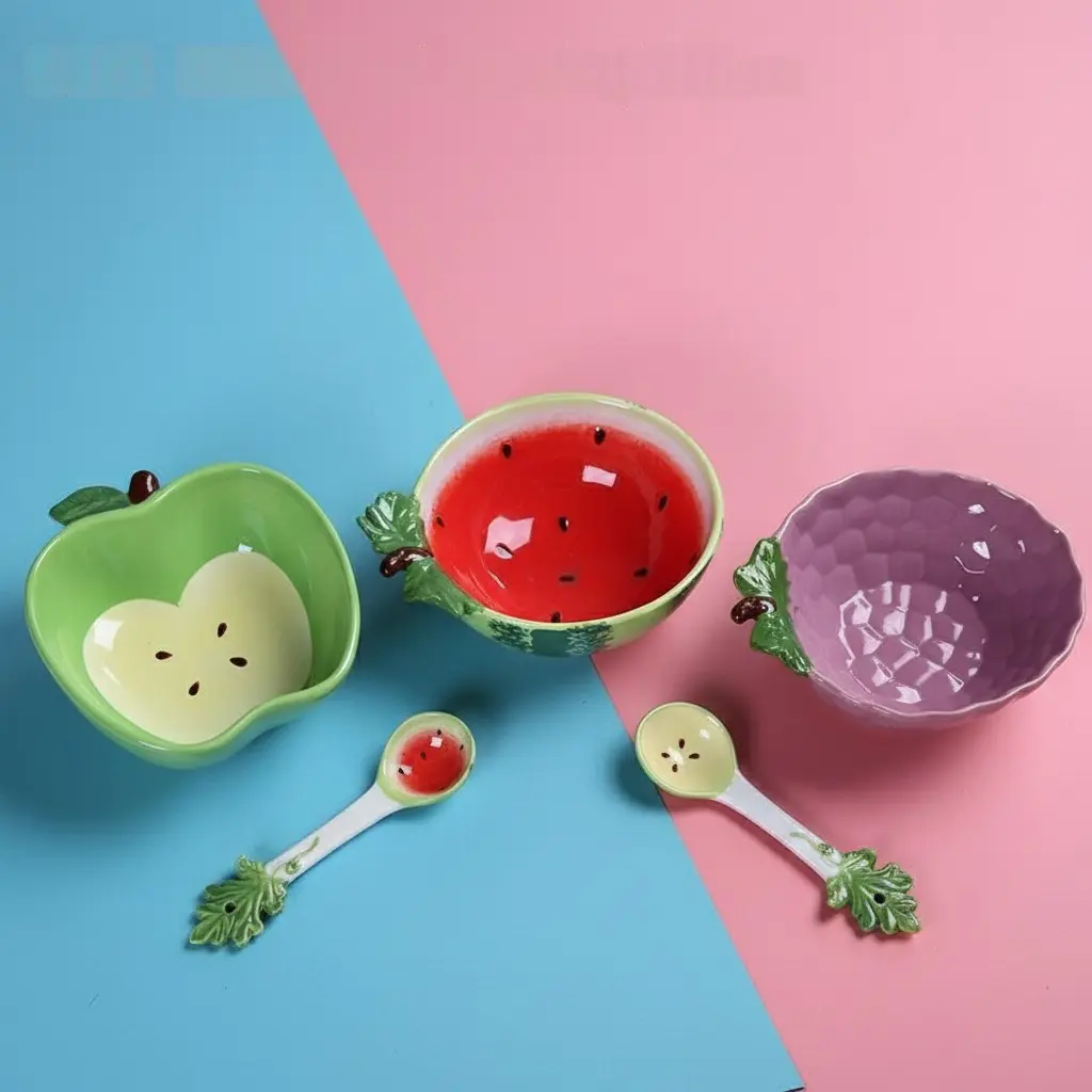 Cute Ceramic Salad Bowl Spoon Set, Dinnerware, Tableware, Fruit Shape Design, Underglaze Color, High Aesthetic Home Use, Suitable for Dorm Students