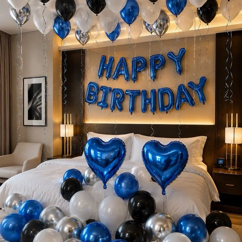 52pcs Blue Birthday Party Decoration Kit with 'Happy Birthday' Banner, Latex Balloons, Heart-Shaped Foil Balloons, Glue Dots, and White Ribbon birthday balloon foil balloon party decoration birthday decoration