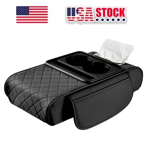 SJPACK Car Armrest Cushion Center Console Cover with Cup Holder Tissue Box & Phone Holder Black Quilted Design USA Stock