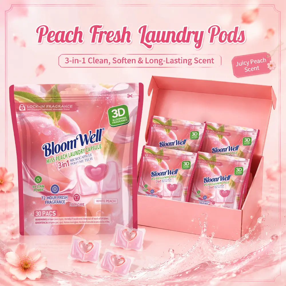 BloomWell Miss Peach 3-in-1 Laundry Detergent Capsules, 4 Bags (120 Pcs Total), Family Size, 24 Months Shelf Life, 72+ Hours Long-Lasting Luxury Peach Scent, Stain Removal, Deep Cleaning, HE Compatible, Softness Boost