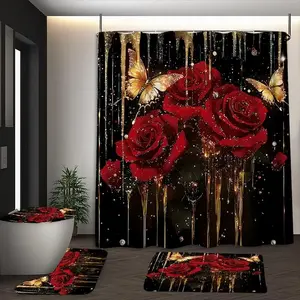 1pc/4pcs rose and butterfly pattern shower curtain set, non-slip floor mat, U-shaped carpet, toilet lid cover, bathroom decoration, partition, free 12 shower curtain hooks, Bathroom Accessory