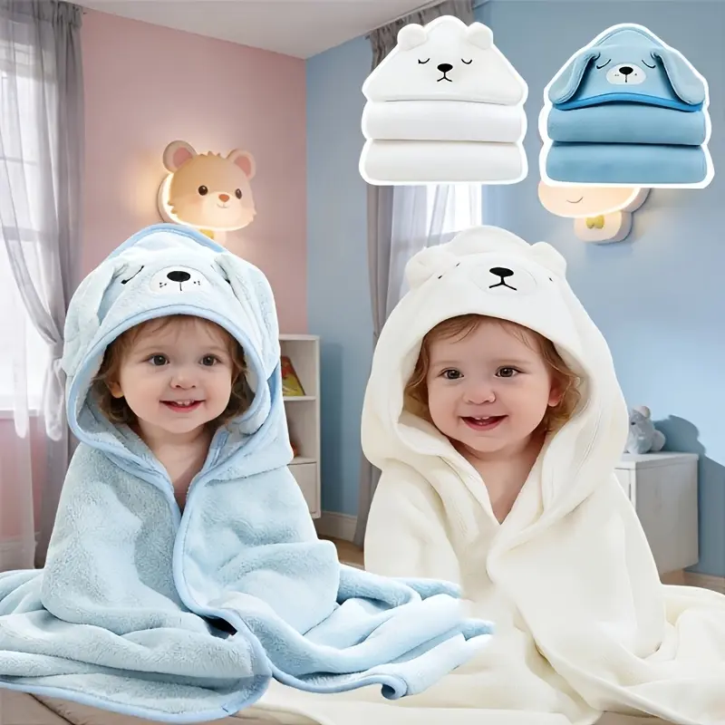 Boys' 2-Piece Soft Hooded Baby Towel & Swaddle Blanket Set - Cute Animal Bathrobes, Highly Absorbent for Newborns - Adorable Bear, Puppy Designs, Baby Items, Animal Design Bathrobes, Cute Animal Face Bathrobes