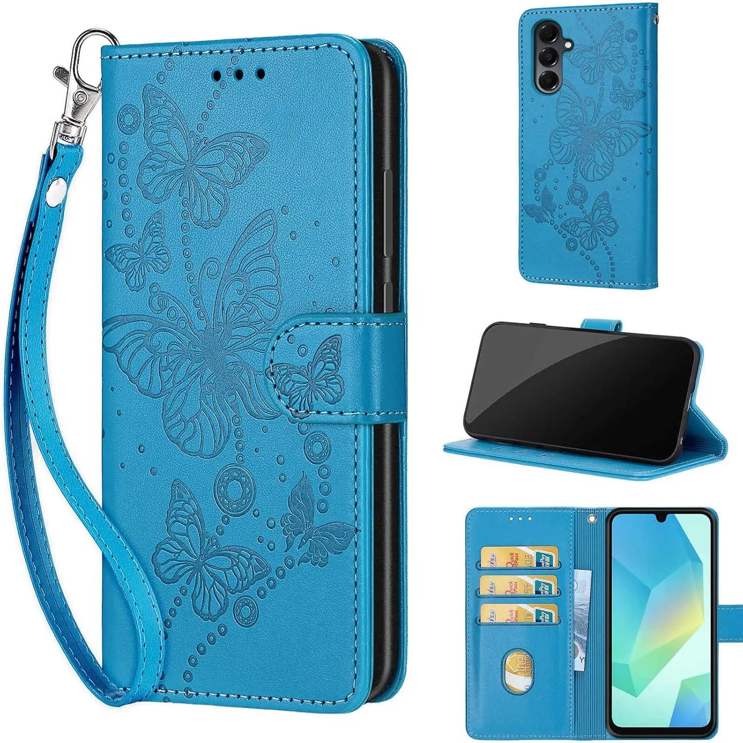 Women's Embossed Synthetic PU TPU Leather Flip Folio Wallet Cover Protector for Samsung Galaxy A16 5G - Handheld Case with Stand, Credit Card Slots, Wrist Strap, Wireless Safe (Blue Butterfly)