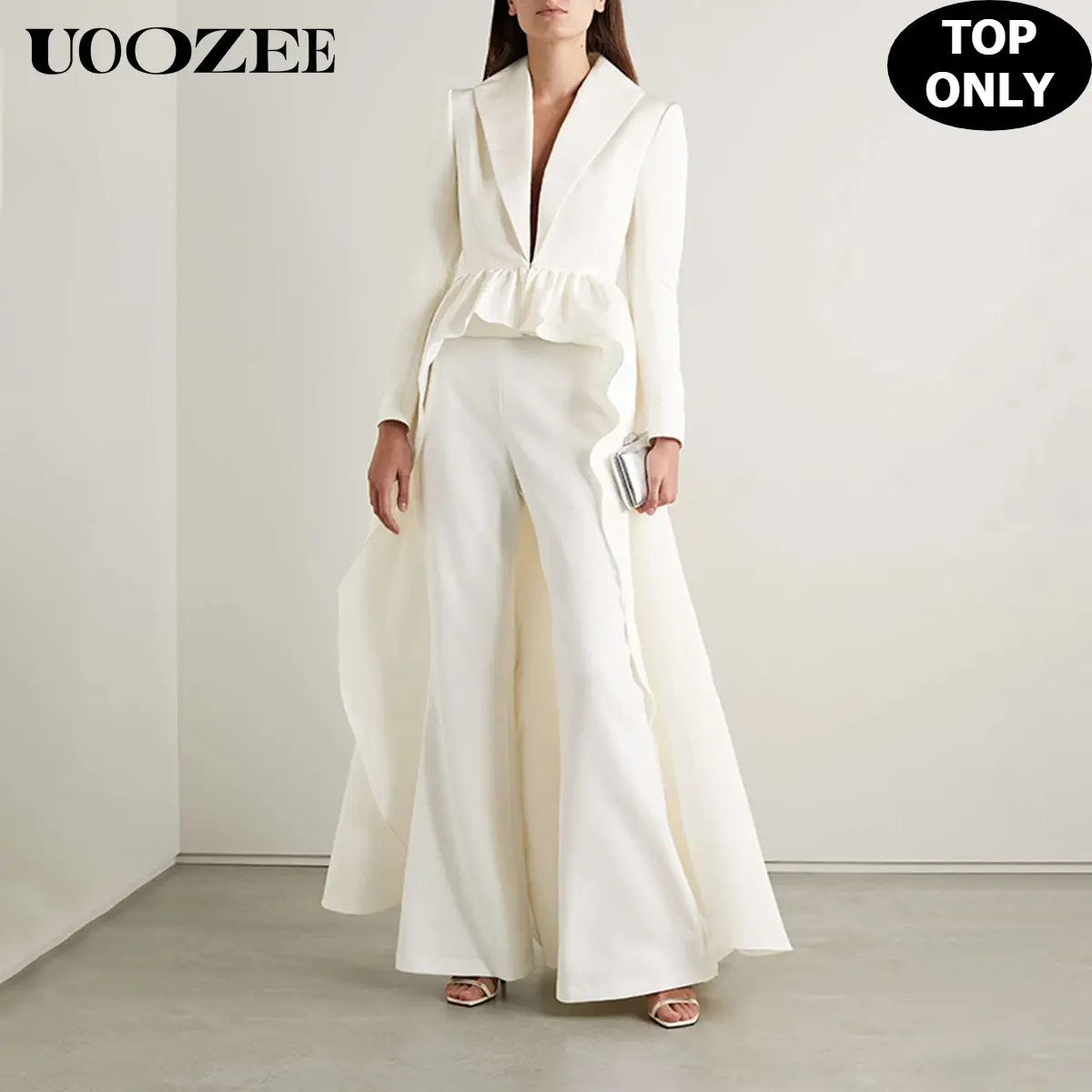 UOOZEE Women's Chic High-Low Peplum Blazer Jacket, Lightweight Breathable Polyester for Lady's Everyday & Evening Outfits, Fitted, Asymmetric, Earrings, Metallic, Smooth, Bodysuit, Camisole, Minimalist, Sheer