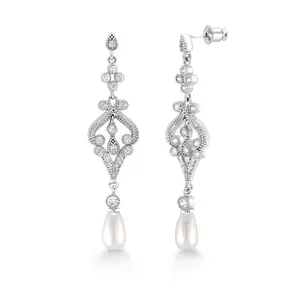 Freshwater Cultural Pearl Wedding Earrings, Weddings Dangle Earrings, Pearl Dangle Earrings, Cz Dangle Earrings, Brass Earrings