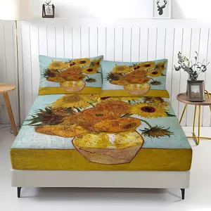 3-piece set of artistic sunflower patterned bed sheets, including 1 bed sheet and 2 pillowcases, with anti slip and dust-proof covers suitable for bedrooms and daily holiday, birthday, and gift giving occasions