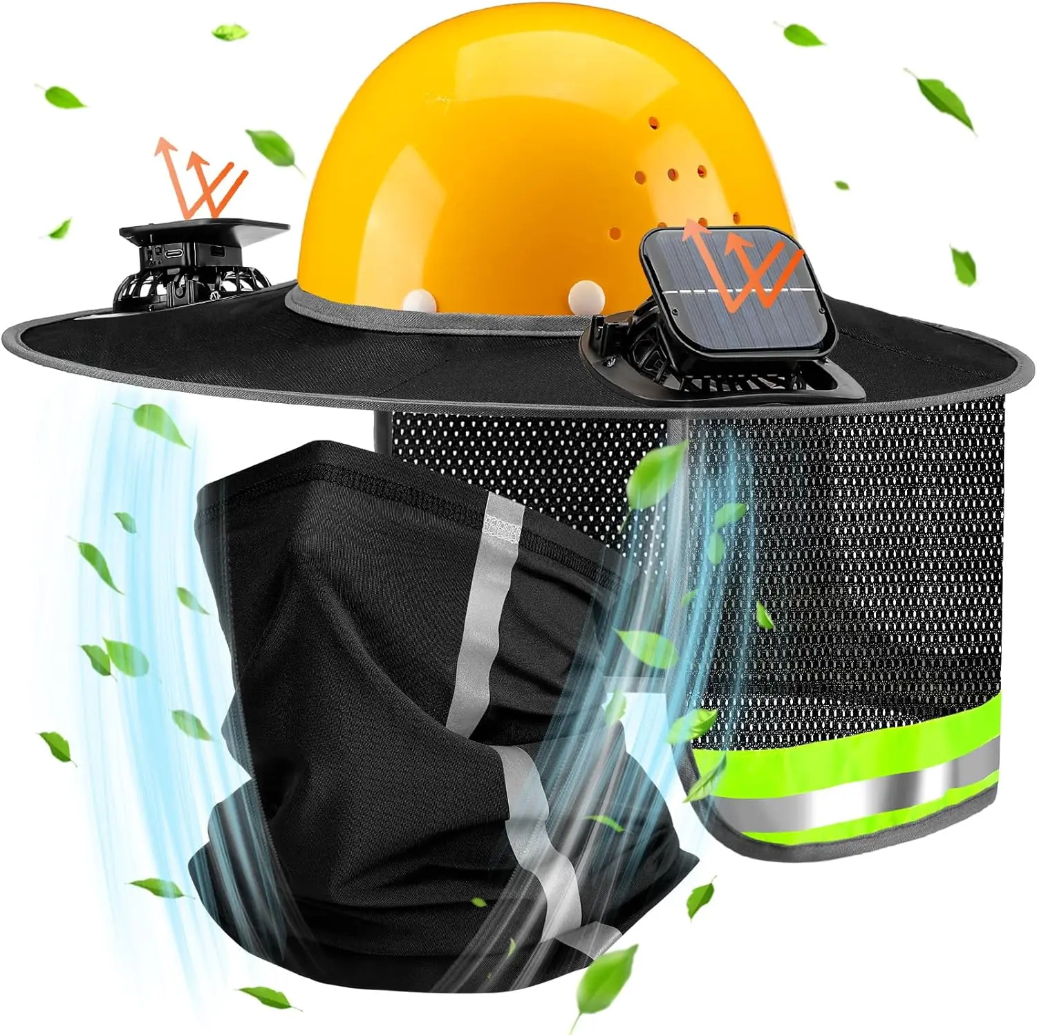 Reflective Sun Shield Hard Hat with Solar Fan and Neck Shade Full Brim High Visibility Construction Helmet