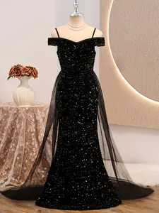 Girls' Luxury Elegant One-Shoulder Sequin Formal Dress, Mesh High Waist Fitted Bodycon Tailored Gown, Perfect for Parties All Seasons