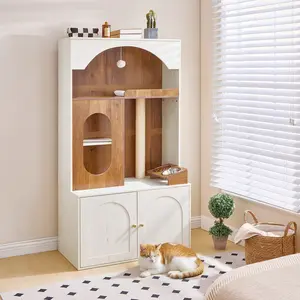 HOOBRO Cat Tree with Litter Box Enclosure, 58.7"H Hidden Cat Litter Enclosure Furniture, All-in-One Modern Cat Tree with Food Bowl, Sisal Scratching Post, and Dangling Ball, White and Walnut