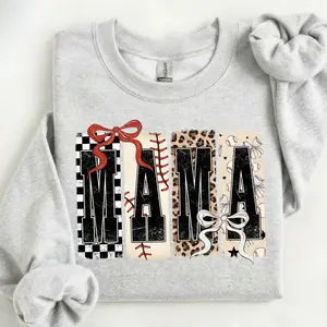 Baseball Mama Sweatshirt | Baseball Bat And Bow Graphic With Game Day Mama Typography | Trendy Graphic Mother Day Gift Style With Playful Sports Mom Energy | Unisex Long Sleeve Pullover For Women