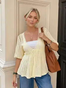 Women's Summer New Loose Hollow Lace-Up Knitted Cardigan, Minimalist Low Neck Short Sleeve Crochet Mesh Lightweight Sun Protection Top