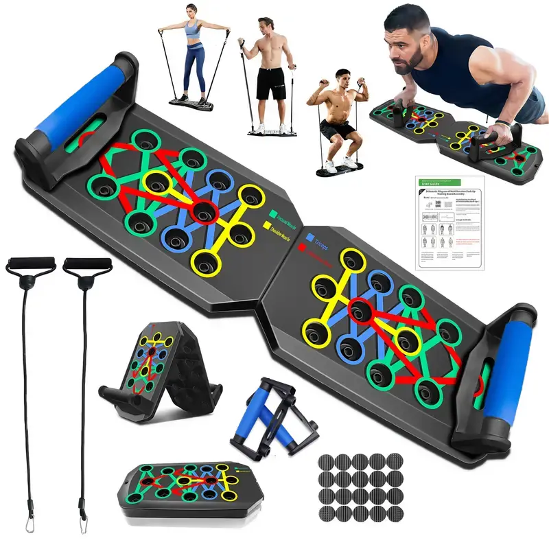 Push-Up Board, Foldable 28-in-1 Multifunctional Workout Station with Color-Coded Handles, Portable ABS Strength Training Equipment for Home Gym, Upper Body Workout for Men and Women, Home Workout Equipment