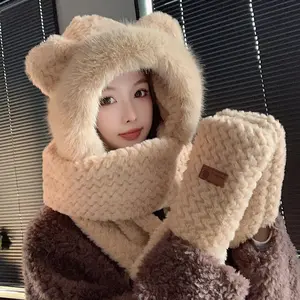 ​​Bear Ears 3-in-1 Set  Hooded Scarf Hat Gloves for Women Winter​​