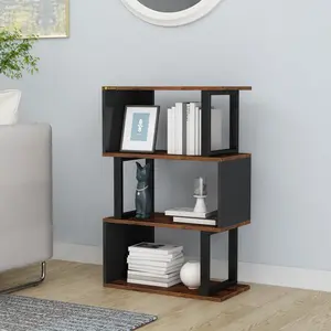 S Shaped Geometric Bookcase, Narrow Freestanding Display Shelves, Modern Wood Decorative Storage Rack for Bedroom, Living Room, Home Office, Rustic Brown
