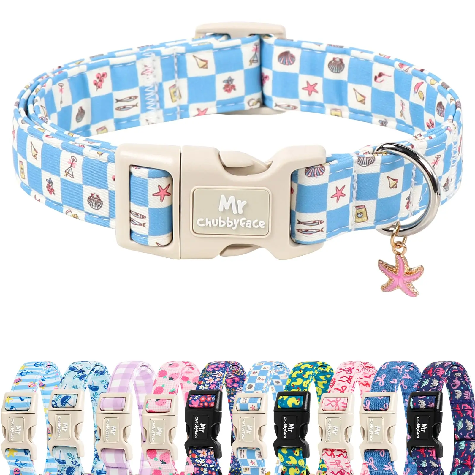 Mr.Chubbyface Summer Dog Collar, Adjustable Blue Ocean Plaid Puppy Accessory with Quick-Release Buckle for Small, Medium & Large Dogs