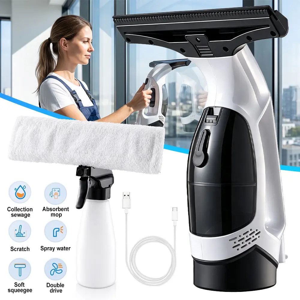 3-in-1 Window Vacuum Cleaner, Cordless Window Vacuum Squeegee, Window Cleaner Tool with 6.76oz Water Collection Tank, Window Cleaning Kit Shower Squeegee for Glass Doors, Windows, Mirrors, Countertops, Car