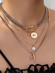 Metal simple two-color layer necklace, personalized exaggerated trendy eye pendant multi-layer stacking necklace for women, fashionable and versatile, suitable for daily wear during the back-to-school season, Layered necklaces