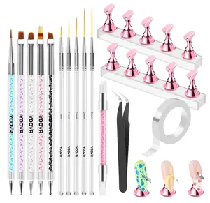 Nail Art Tools Set, Nail Stand for Press on Holder for Painting Nails, Nail Art Brushes and Dotting Tools, Nail Design Tools Supplies, Gel Polish and Builder Brush, French Tip Brush, Liner Brush