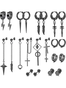 22 Pcs Unisex Black Earring Set for Women Men Striking Gothic Punk Styling Classic Stainless Steel Alloy Stud Earrings Cross Dangle Designs Chain Feather Star Motifs Trendy Hoop Earrings for All-round Cool Piercing Decoration Kpop Fashion Dark Edgy Vibes