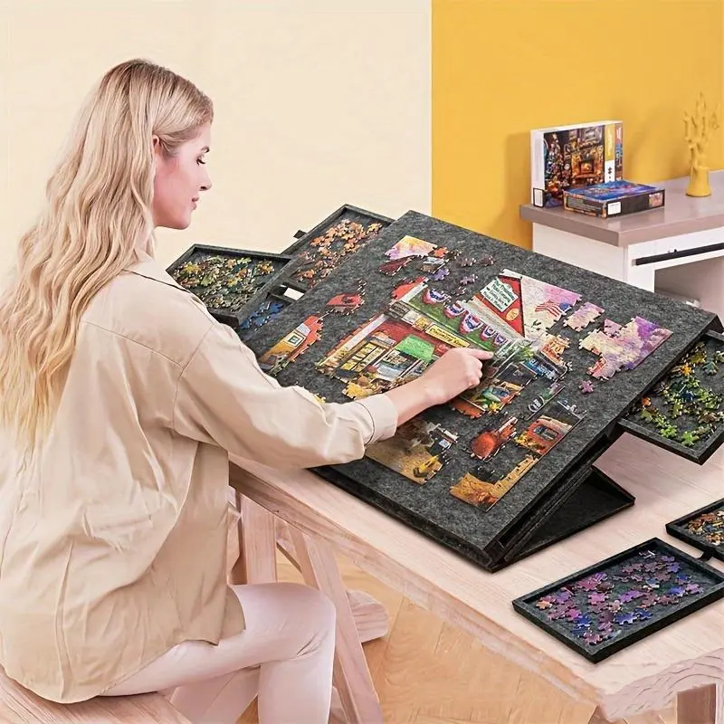 US-Made Foldable Jigsaw Puzzle Workstation Board - 6 Integrated Sorting Drawers, Tilting Adjustable Stand, Matte Felt Surface, 2.4" Closed Thickness, 31.1" Length, 22.1" Width, 4.76 lbs, Ergonomic Angle Correction, Shelving & Storage for Family Game Night
