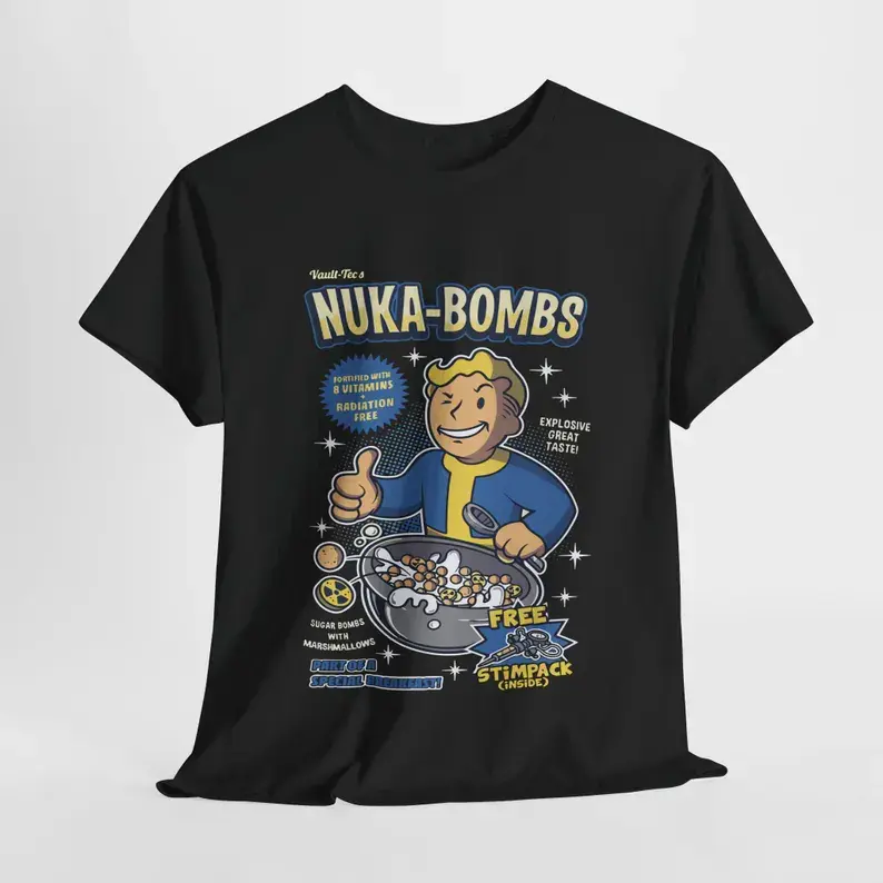 Fallout Nuka-Bombs Graphic T-Shirt Vault Boy Sugar Bombs Retro Cereal Box Tee Oversized Gamer Streetwear Merch