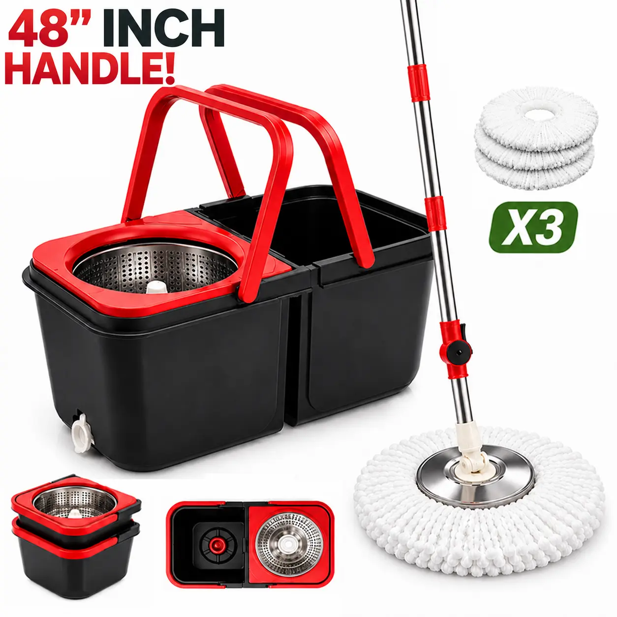 360° Spin Mop 2-in-1 Collapsible Spin Mop & Bucket System, Foldable Space-Saving Mop with Stainless Steel Basket, 360° Rotating Easy-Wring Floor Cleaner, Adjustable Handle & 3 Extra Mop Heads for Home Deep Cleaning
