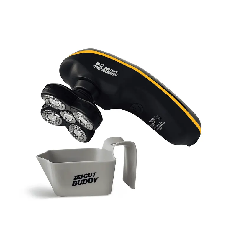 The Cut Buddy Ergonomic Bald Head Cordless Portable Shaver - Rechargeable Battery, 9000 RPM, Black & Yellow Handle, IPX7 Waterproof, Multi-Blades, Exfoliating Smooth Shave, Cruelty-Free for Head Grooming (Batteries Included)