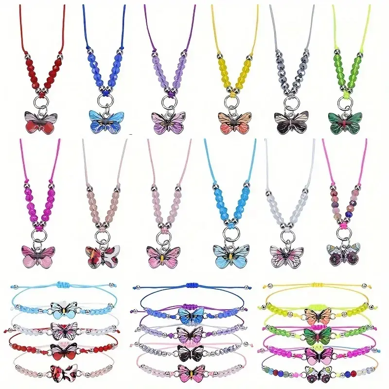 24pcs Crystal Adjustable Friendship Jewelry Set - Elegantly Designed Colorful Butterfly Beaded Bracelets And Necklaces For Everyday Wear, Gift-giving, Party Accessories, School summerwins