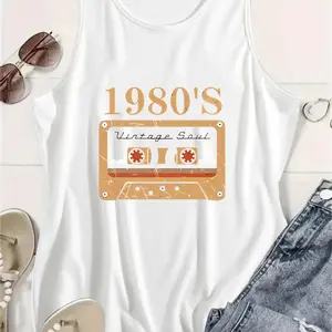 An Illustration of an Old-Fashioned Cassette Tape, Featuring The Words '1980'S' And 'Vintage Soul' on It, Designed for a Women'S Round-Neck Spring And Summer Fashion Tank Top