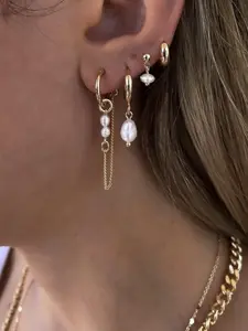 Women's Elegant Pearl Dangle Earrings Stack, 8 Pairs Trendy Drop Chain Set, Copper Material, All-Seasons Accessory