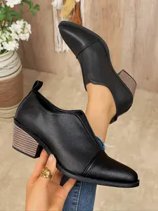 Women's Black Leather Block - Heel Ankle Boots, Slip - On Casual Walking Shoes, Stylish Daily Commute & Office Work Footwear, Comfortable Breathable Fashion Booties, Versatile Dress Shoes, Lightweight All - Match Chelsea Boots, Elegant Boots, Rubber